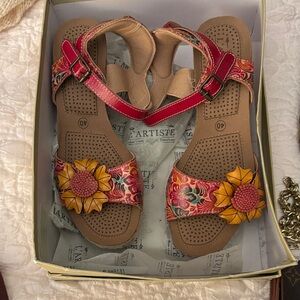 Spring Step Multicolored Floral Red Wedge Sandals